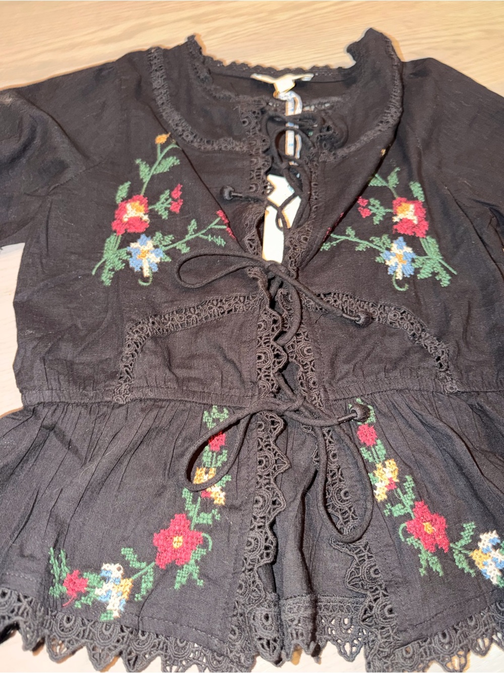 Jennifer & Grace Black Embroidered Peplum Tie-Front Blouse - Picture 2 of 6